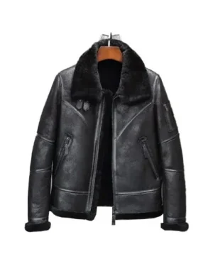 Men’s Black Shearling Leather Jacket with fur lining and classic aviator bomber design.