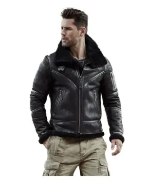 Men’s Black Shearling Leather Jacket – Winter Fur Lined Aviator Bomber Coat style
