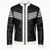 Men’s black and white striped leather biker jacket with retro racing design and front zip closure.