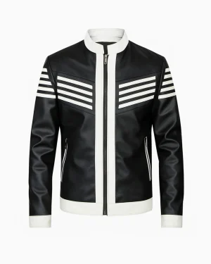 Men’s black and white striped leather biker jacket with retro racing design and front zip closure.
