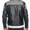 Men’s Black and White Striped Leather Jacket – Biker Style Zip-Up with Retro Racing Design back