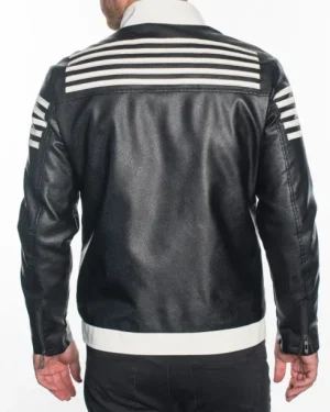 Men’s Black and White Striped Leather Jacket – Biker Style Zip-Up with Retro Racing Design back