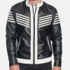 Men’s Black and White Striped Leather Jacket – Biker Style Zip-Up with Retro Racing Design model style