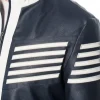 Men’s Black and White Striped Leather Jacket – Biker Style Zip-Up with Retro Racing Design pocket style
