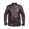 Men’s Dark Brown Leather Jacket with slim fit and classic biker-style detailing.