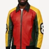 Men’s David Puddy 8 Ball leather bomber jacket with red, yellow, and black color block design.