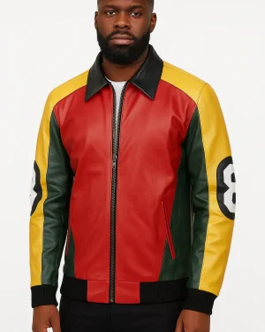 Men’s David Puddy 8 Ball leather bomber jacket with red, yellow, and black color block design.