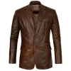 Men’s Tan Leather Shirt Jacket – Retro Western Slim Fit Snap Closure Coat