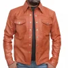 Men’s Tan Leather Shirt Jacket with snap buttons and western-inspired stitching.