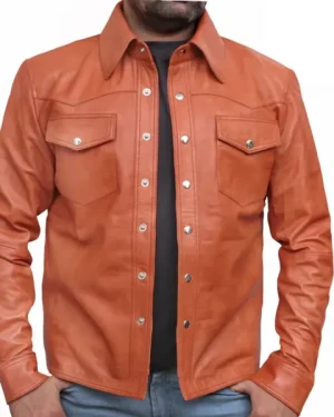 Men’s Tan Leather Shirt Jacket with snap buttons and western-inspired stitching.