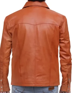 Men’s Tan Leather Shirt Jacket – Retro Western Slim Fit Snap Coat back