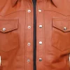 Men’s Tan Leather Shirt Jacket – Retro Western Slim Fit Snap Closure Coat closure
