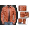 Men’s Tan Leather Shirt Jacket – Retro Western Slim Fit Snap Closure Coat detail