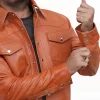 Men’s Tan Leather Shirt Jacket – Retro Western Slim Fit Snap Closure Coat hand style