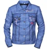 Women’s Barbie Embroidered Blue Denim Jacket with retro Barbie logo and vintage wash.