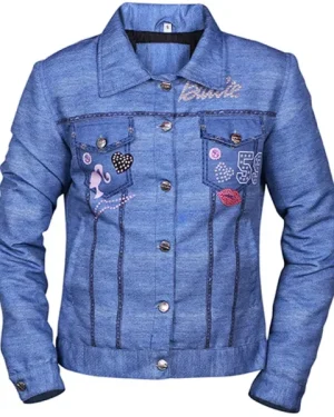 Women’s Barbie Embroidered Blue Denim Jacket with retro Barbie logo and vintage wash.