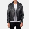 Men’s black biker leather jacket with slim fit, zip-up front, and classic moto styling.