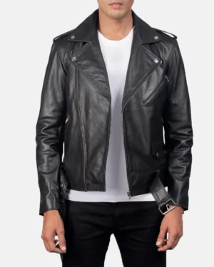 Men’s black biker leather jacket with slim fit, zip-up front, and classic moto styling.