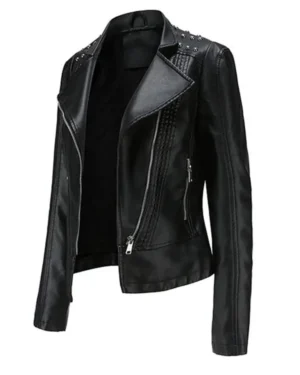 Women’s black asymmetrical leather biker jacket with diagonal zip and fitted silhouette.