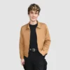 Men’s tan Harrington jacket with a classic collar, front zip closure, and casual lightweight design.