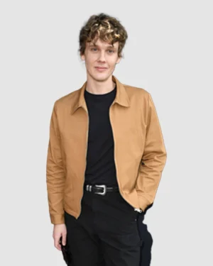 Men’s tan Harrington jacket with a classic collar, front zip closure, and casual lightweight design.